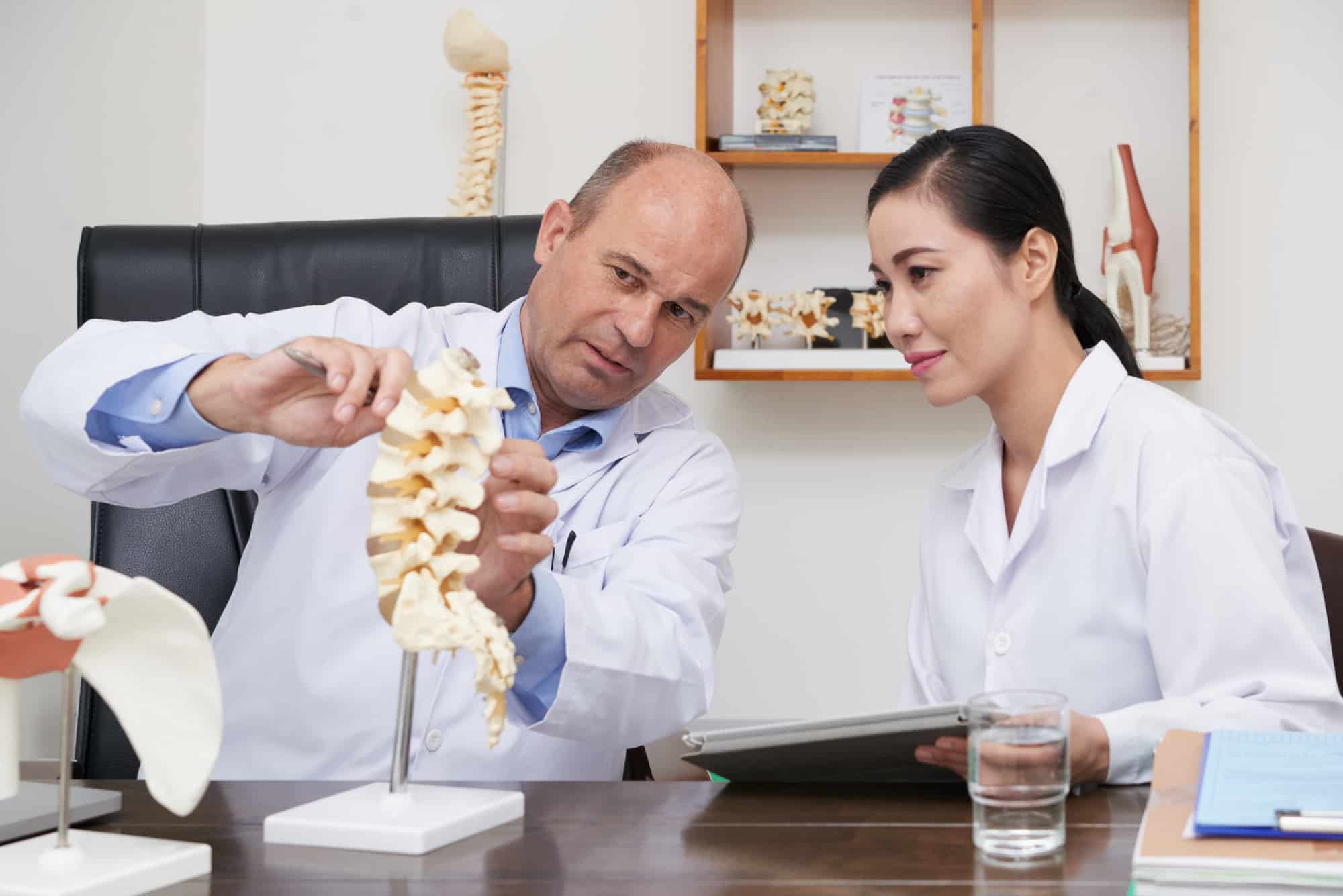 Spine specialists reviewing a spine model at German Medical Center Dubai