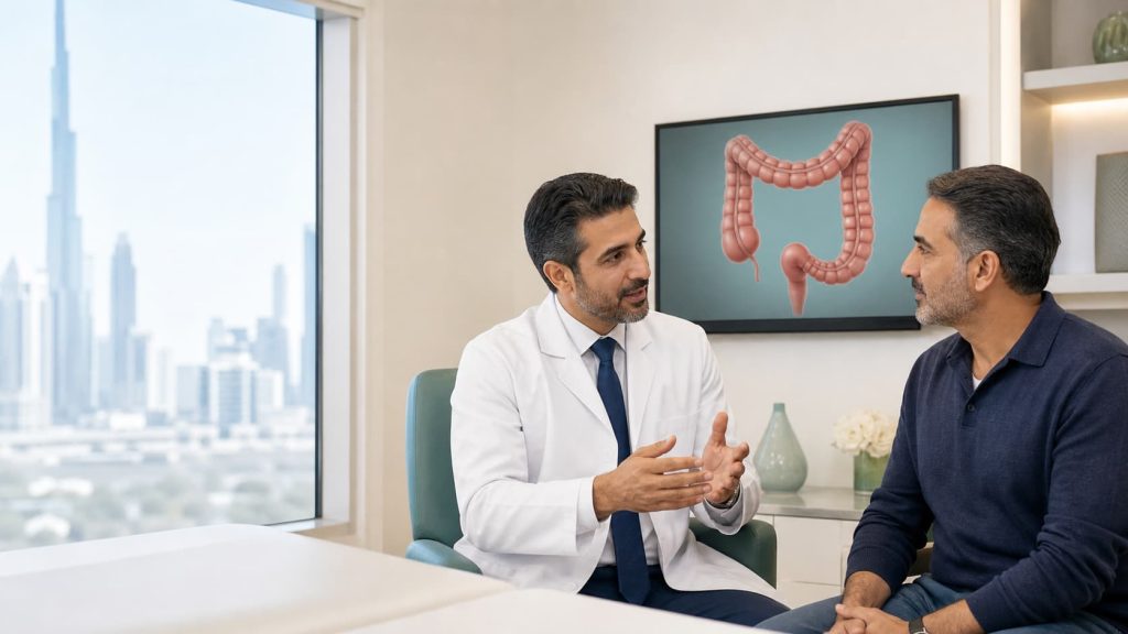 Doctor discussing colonoscopy screening with a patient in Dubai