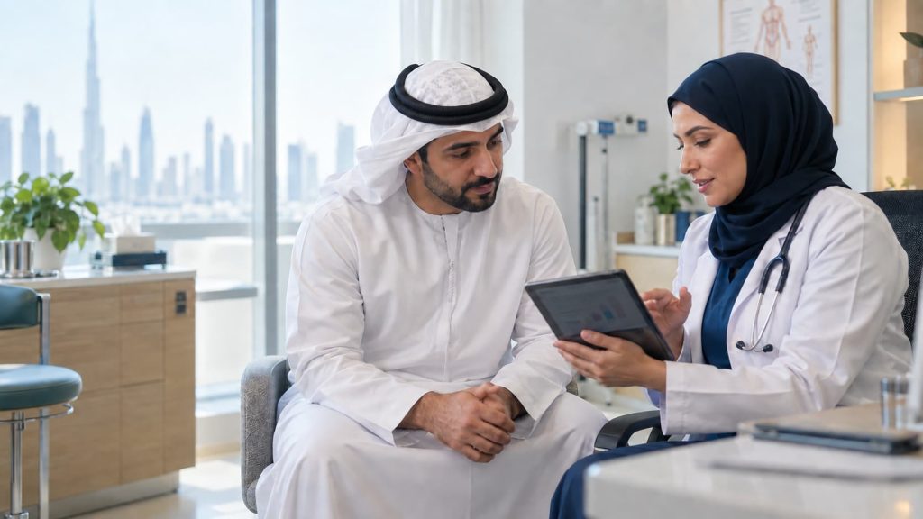 Patient discussing test results with an endocrinologist at German Medical Center