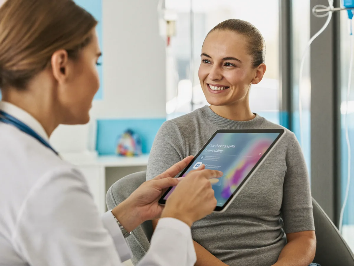 A gynecologist reviewing pelvic imaging with a patient during a fibroid consultation at German Medical Center Dubai