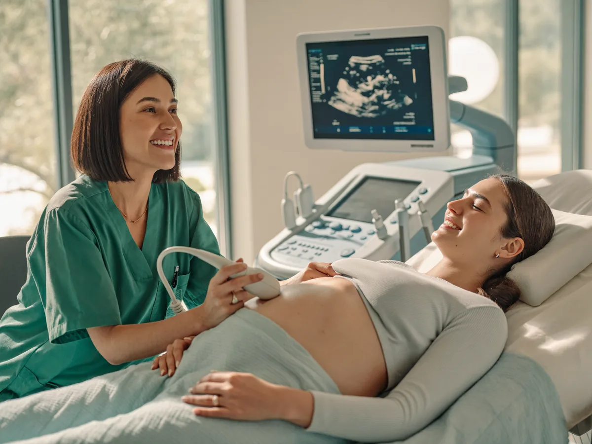 An obstetrician performing a prenatal ultrasound for an expecting mother at German Medical Center Dubai